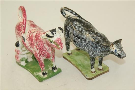 Two Yorkshire type pearlware cow creamers, c.1820, length 20cm, some faults